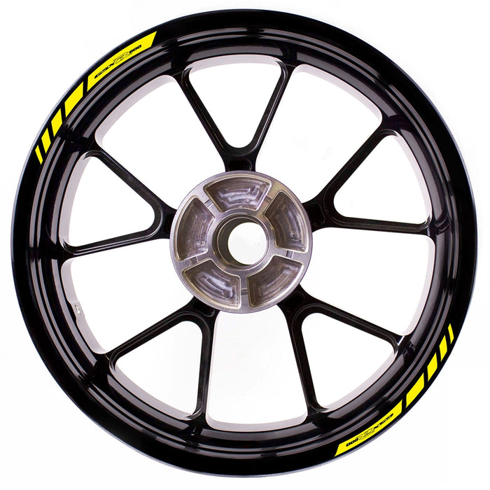Suzuki GSX-R600 wheel rim edge sticker with Fit StickerBao logo, black and yellow decal for motorcycle wheel customization