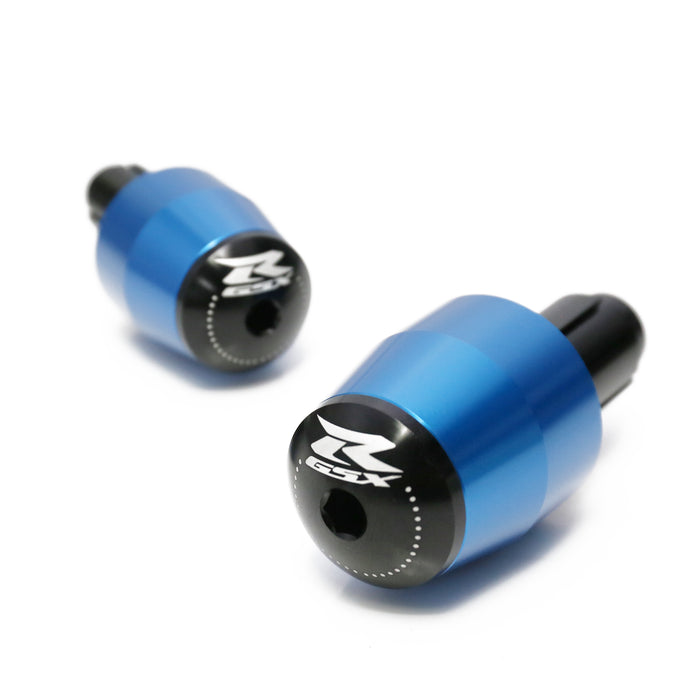 Suzuki GSXR engraved logo motorcycle handlebar ends by MC Motoparts, black aluminum with engraved branding and mounting hardware