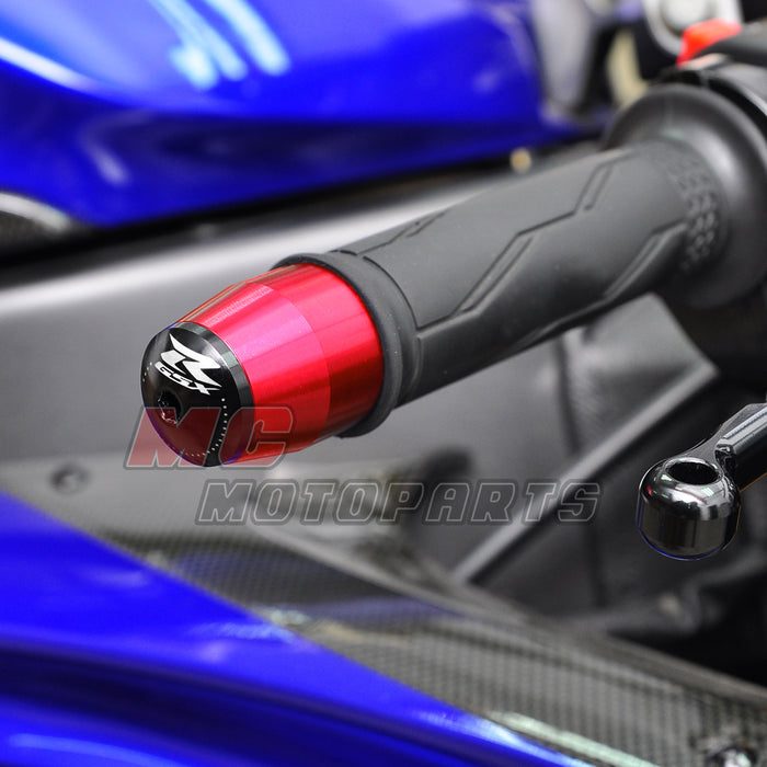 MC Motoparts engraved logo GSXR handlebar ends with red base, designed for Suzuki GSXR motorcycle handlebars.