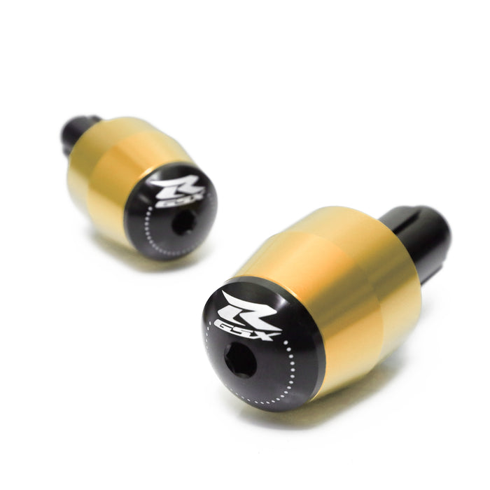 MC Motoparts engraved logo bar ends for Suzuki GSXR with gold finish and logo engraving, designed for motorcycle handlebar ends.