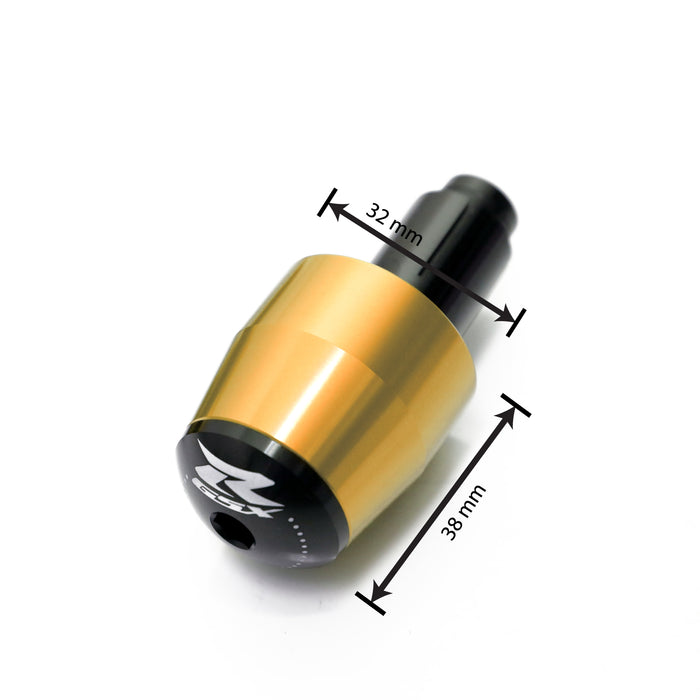 Suzuki GSXR engraved logo bar ends by MC Motoparts, with a gold base finish, designed for motorcycle handlebar protection.
