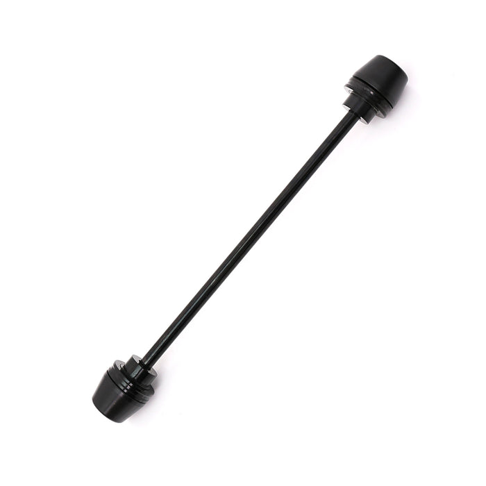 Black aluminum Delrin front axle sliders for Suzuki GSXR1000, GSX-R600, and GSXR750 motorcycle forks by MC Motoparts.