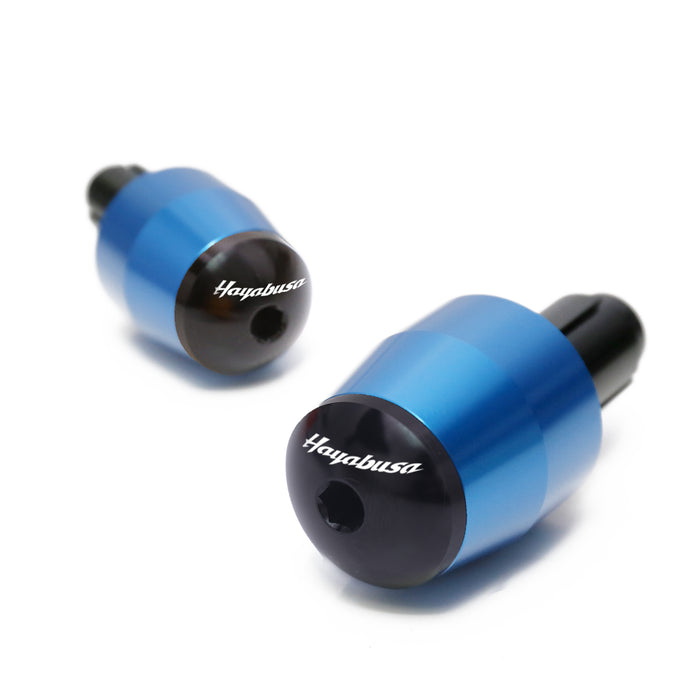 Suzuki Hayabusa engraved logo handlebar ends by MC Motoparts, featuring durable metal construction and custom branding.