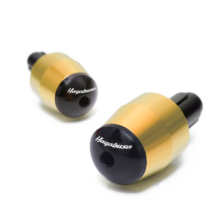 MC Motoparts engraved logo handlebar ends for Suzuki Hayabusa with gold finish and detailed logo engraving.