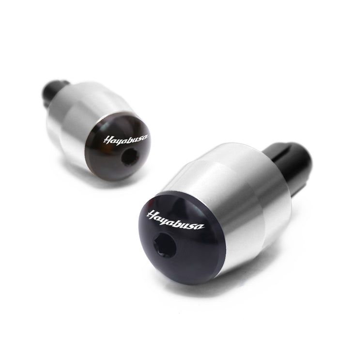 Suzuki Hayabusa engraved logo bar ends by MC Motoparts, black metal handles with detailed logo engravings for motorcycle handlebars.
