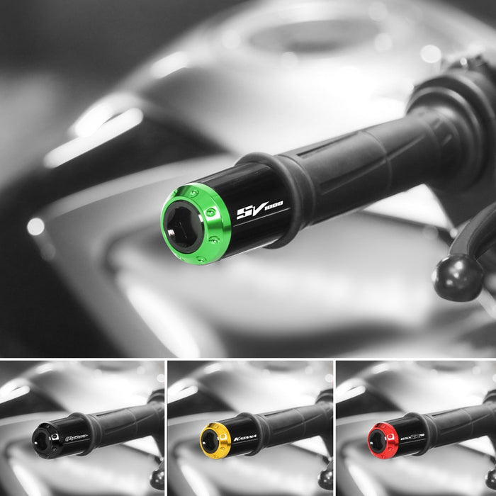MC Motoparts engraved logo ATOM bar ends installed on Suzuki SV1000 2003-2008 motorcycle handlebar for style and protection.