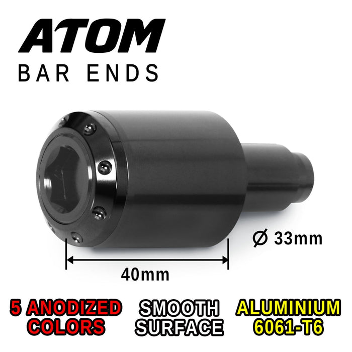Black engraved logo MC Motoparts Atom bar ends for Suzuki SV1000 2003-2008, with durable metal construction and ergonomic design.