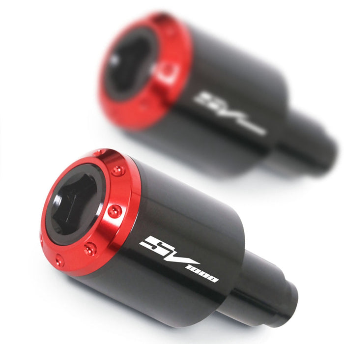 MC Motoparts engraved logo ATOM bar ends for Suzuki SV1000 2003-2008, red color, with metal finish and ergonomic design.