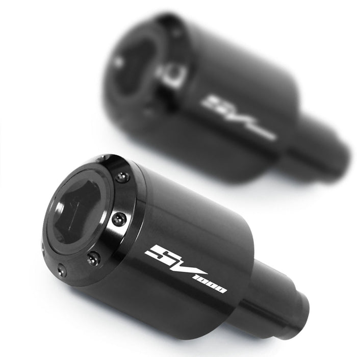 Black MC Motoparts ATOM Bar Ends with engraved logo for Suzuki SV1000 2003-2008 motorcycle handlebar ends.