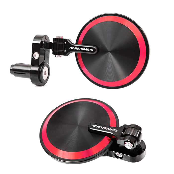 MC Motoparts CNC bar end mirrors for Suzuki SV650, SV1000, GSF650 with custom engraved design, shown mounted on motorcycle handlebars.