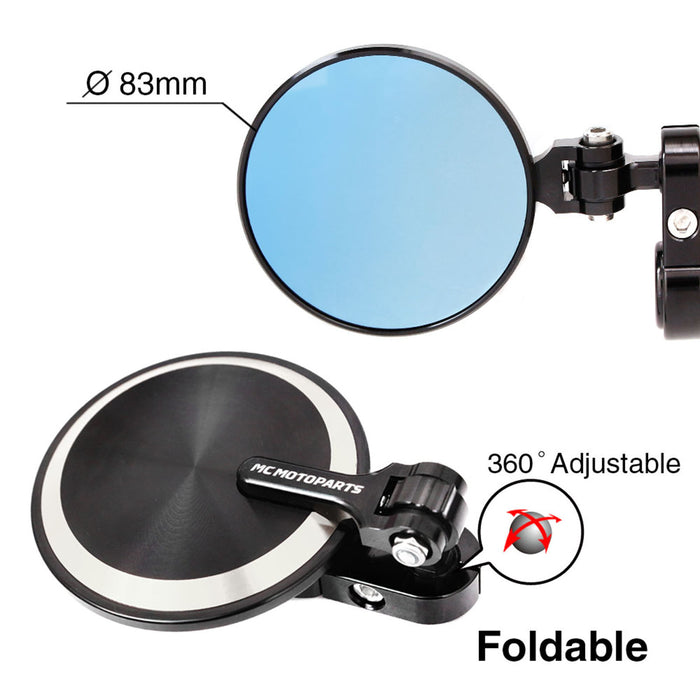 CNC bar end mirrors for Suzuki SV650 SV1000 GSF650 by MC Motoparts, custom engraved, mounted on motorcycle handlebars.