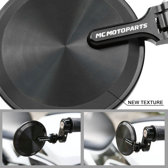 Black CNC bar end mirrors for Suzuki SV650 and GSF650 by MC Motoparts, custom engraved, with detailed reflective surfaces.