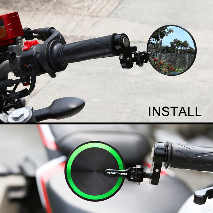 CNC bar end mirror for Suzuki SV650 SV1000 GSF650 by MC Motoparts with custom engraved details installed on motorcycle handlebar