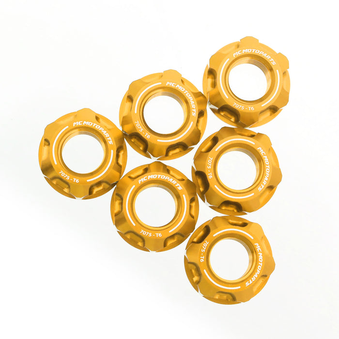 Set of six billet M8 rear sprocket nuts for Triumph Speed Triple 1050 Sprint, by MC Motoparts, designed for motorcycle sprocket installation.