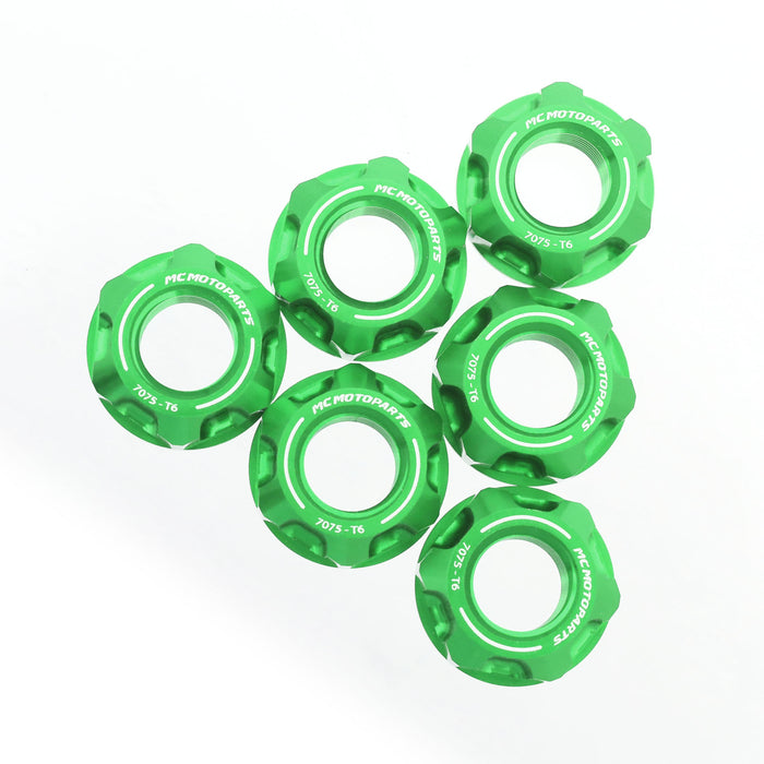 Set of six MC Motoparts Fit Triumph Speed Triple 1050 Sprint sprocket nuts for rear wheel, billet M8 design.