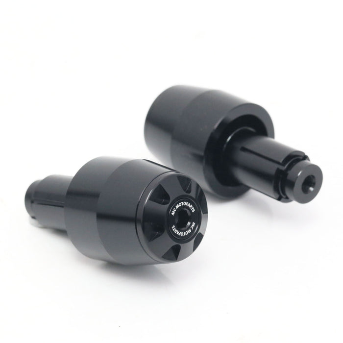 Black CNC aluminum bar ends for Triumph Street Triple Daytona 675 R motorcycle, designed by MC Motoparts for enhanced handlebar safety and style.