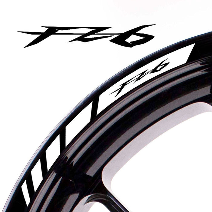 Yamaha FZ6 wheel rim edge sticker with StickerBao logo, black and white wheel sticker for rim decoration and customization.