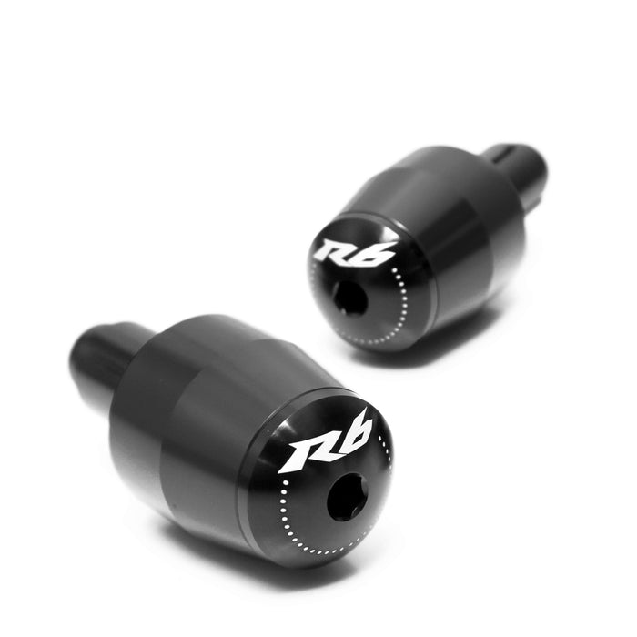 Black Yamaha R6 engraved logo bar ends by MC Motoparts, featuring a sleek design and durable metal construction.