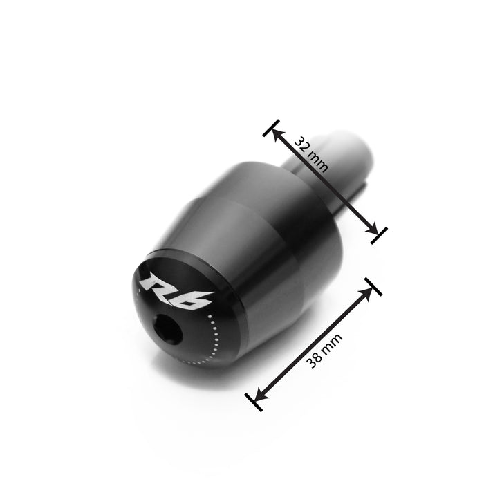 Black engraved Yamaha R6 logo handlebar ends from MC Motoparts with a sleek, durable design for motorcycle handlebars.