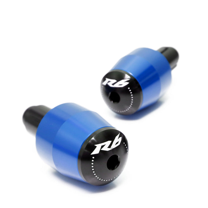 Yamaha R6 engraved logo motorcycle handlebar ends by MC Motoparts, black metal bar ends with engraved branding.