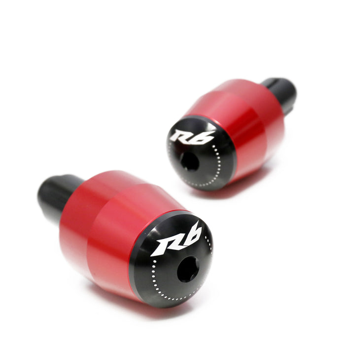 Red engraved Yamaha R6 logo bar ends from MC Motoparts, designed for motorcycle handlebar compatibility.