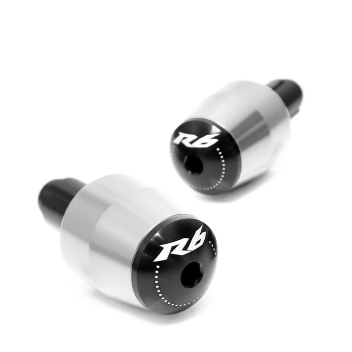 Yamaha R6 engraved logo motorcycle handlebar ends by MC Motoparts, silver finish with black accents, designed for R6 handlebars.