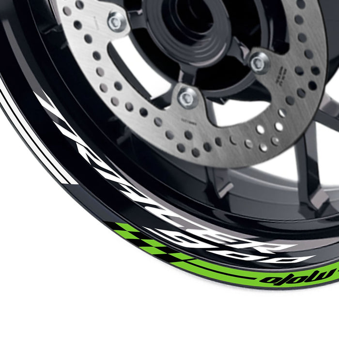 Yamaha Tracer 900 FJ-09 Moto GP check wheel rim sticker by StickerBao on 17-inch rim, featuring Moto GP logo and design.