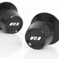 MC Motoparts Yamaha YZF R1 19-20 swingarm spools with engraved logo, 6mm diameter, black metal motorcycle accessory.
