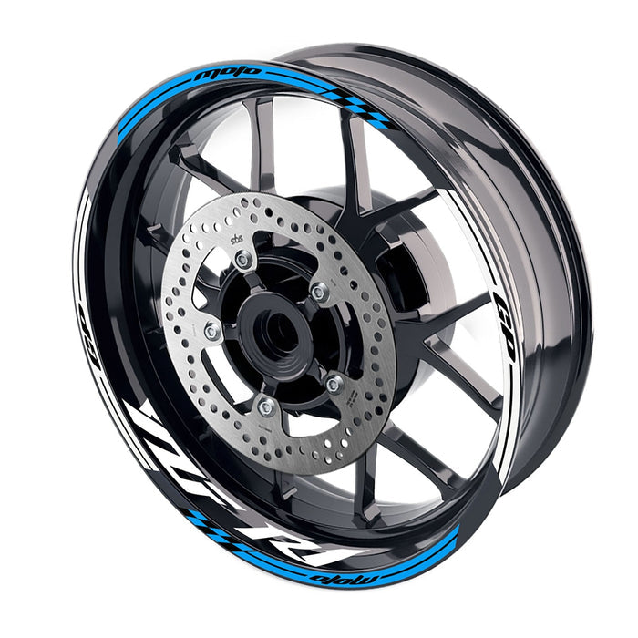Yamaha YZF R1 98-18 Moto GP check 17-inch wheel rim sticker by StickerBao, featuring bold Moto GP logo and racing design.