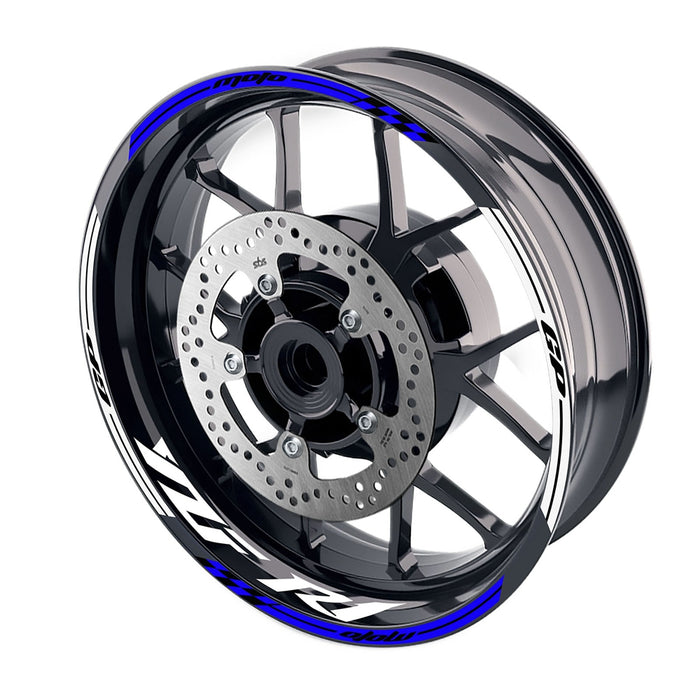 Yamaha YZF R1 98-18 Moto GP check 17-inch wheel rim sticker by StickerBao, featuring bold Moto GP logo and blue accents.