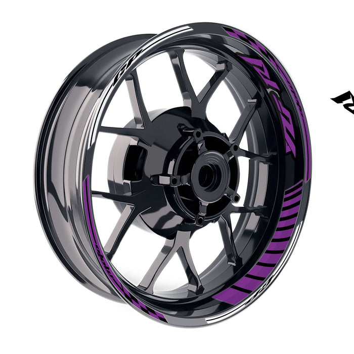 Yamaha YZF R1 98-18 wheel rim sticker with Moto GP stripe design, 17-inch decal by StickerBao on a motorcycle wheel rim