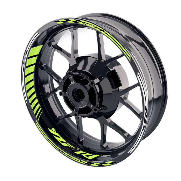 Yamaha YZF R1 98-18 wheel rim sticker with Moto GP stripe design on 17-inch rim, made by StickerBao for motorcycle customization.