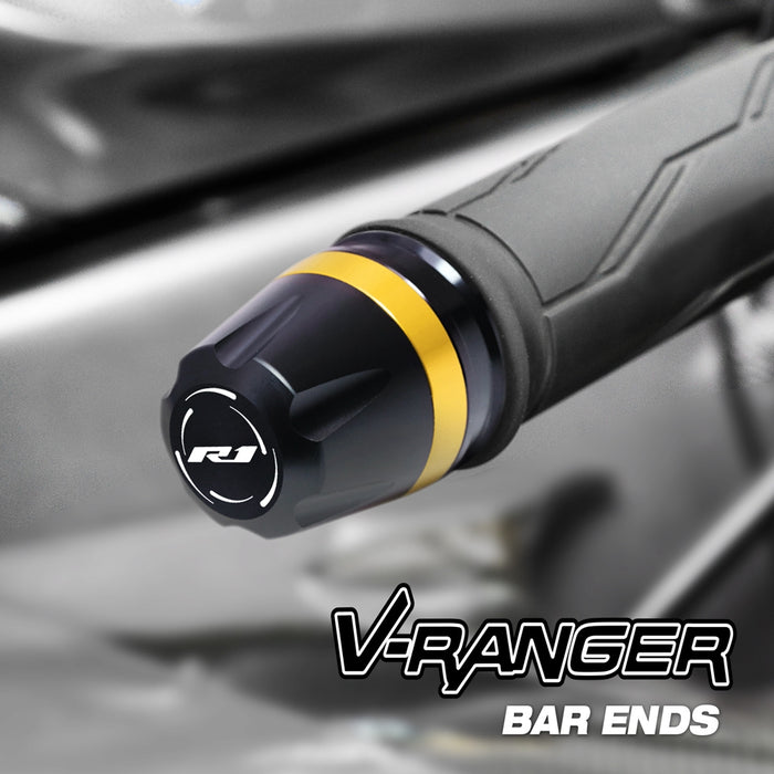 MC Motoparts Yamaha YZF R1 1998-2019 R1M engraved V-Ranger bar ends installed on motorcycle handlebars.