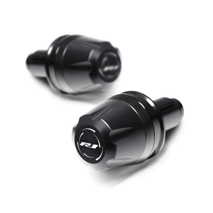 Black engraved V-Ranger bar ends for Yamaha YZF R1 1998-2019 and R1M 2015-2019, made by MC Motoparts, shown on motorcycle handlebars.