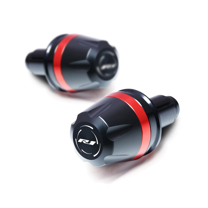 MC Motoparts engraved V-Ranger Bar Ends for Yamaha YZF R1 1998-2019 and R1M 2015-2019 with red finish, mounted on motorcycle handlebars.