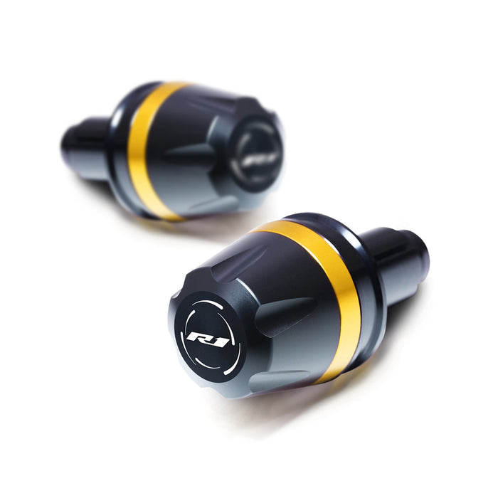 Engraved V-Ranger Bar Ends for Yamaha YZF R1 1998-2019, MC Motoparts, metallic finish, mounted on motorcycle handlebars.