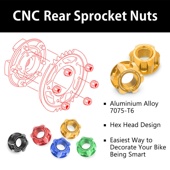 Six MC Motoparts Yamaha YZF R1, R6, R25, R1M, R3 billet M10 rear sprocket nuts for motorcycle wheel assembly.