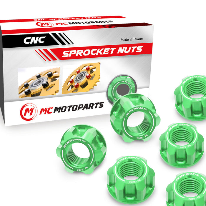 Set of six MC Motoparts Yamaha YZF R1 R6 R25 R1M R3 rear sprocket nuts, billet M10 sprocket nuts for motorcycle wheel installation.
