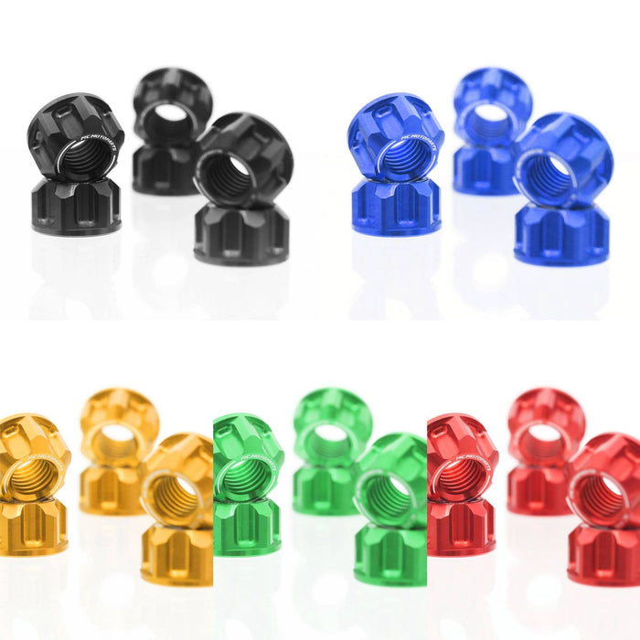 Set of six MC Motoparts Yamaha YZF R1 R6 R25 R1M R3 billet M10 rear sprocket nuts on a clean background.