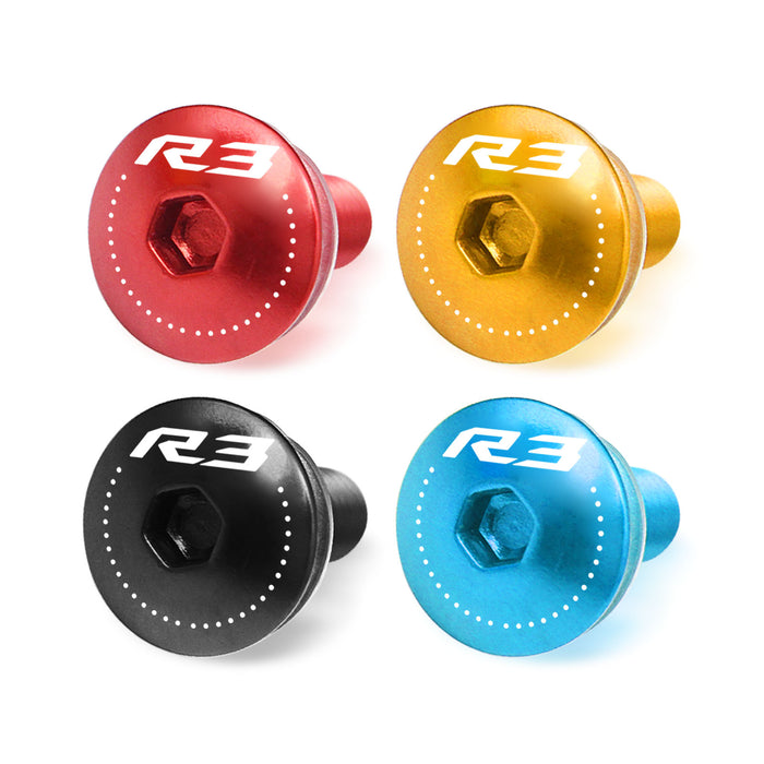 Set of engraved Yamaha YZF R3 windscreen bolts by MC Motoparts, CNC machined windscreen bolts with logo for 2014-2020 model.