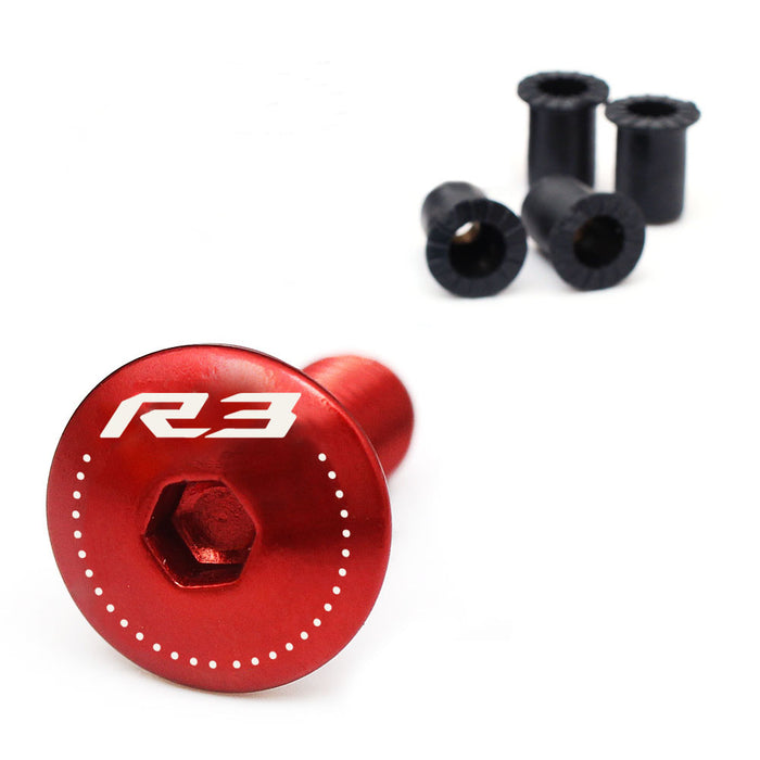 Set of CNC Yamaha YZF R3 windscreen bolts with engraved MC Motoparts logo, designed for 2014-2020 Yamaha YZF R3 motorcycle.