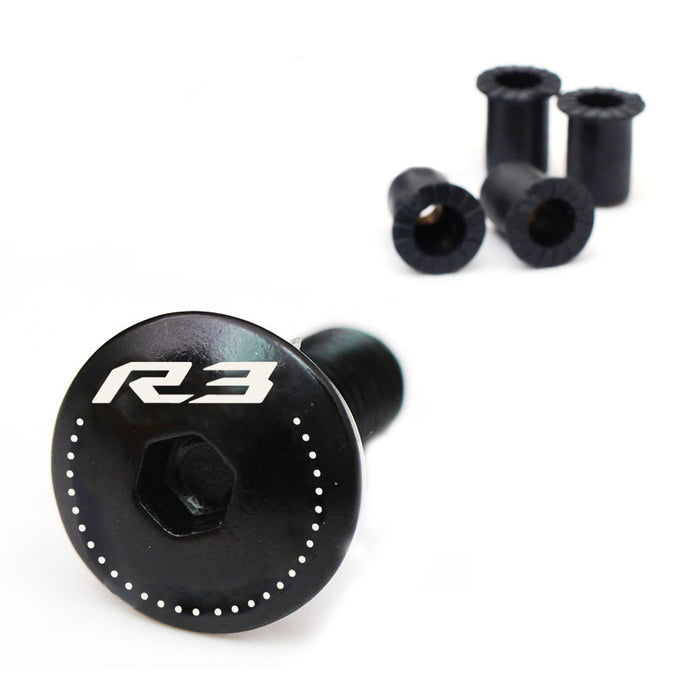 Black CNC windscreen bolts with engraved Yamaha YZF R3 logo for 2014-2020 Yamaha YZF R3 motorcycle windscreen.