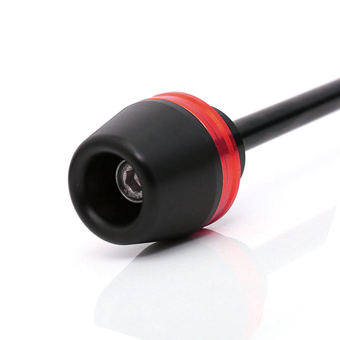 Aluminum Delrin front axle fork sliders for Yamaha YZF R6 05-16 and YZF R1 04-14 motorcycle with CNC design and mounting bolts.