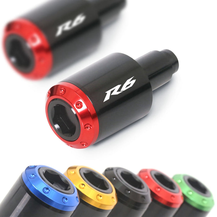 Red engraved logo MC Motoparts Atom bar ends for Yamaha YZF R6 2006-2024, featuring durable metal construction and sleek design.