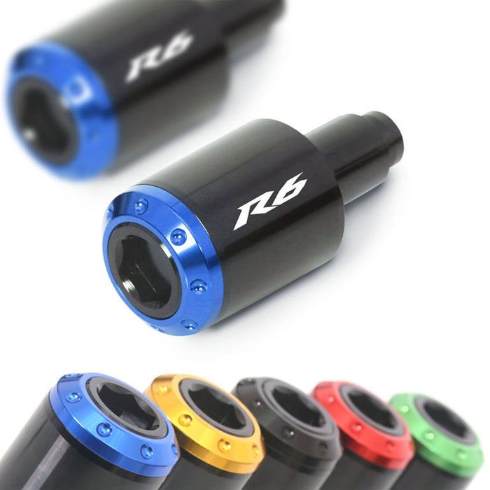 Blue MC Motoparts engraved logo ATOM bar ends for Yamaha YZF R6 2006-2024 motorcycle handlebar ends, with detailed engraving.