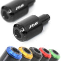 Black Yamaha YZF R6 2006-2024 engraved logo ATOM bar ends by MC Motoparts, featuring durable aluminum construction.