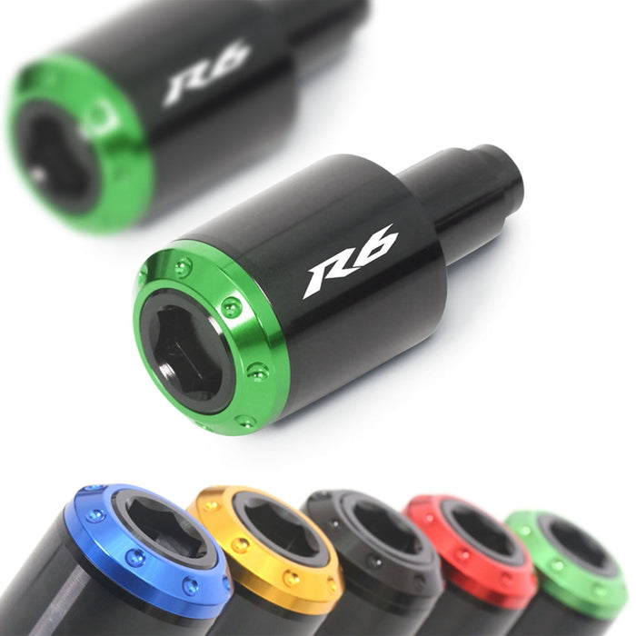 MC Motoparts Atom engraved logo bar ends for Yamaha YZF R6 2006-2024, black metal handlebar end caps with logo engraving.
