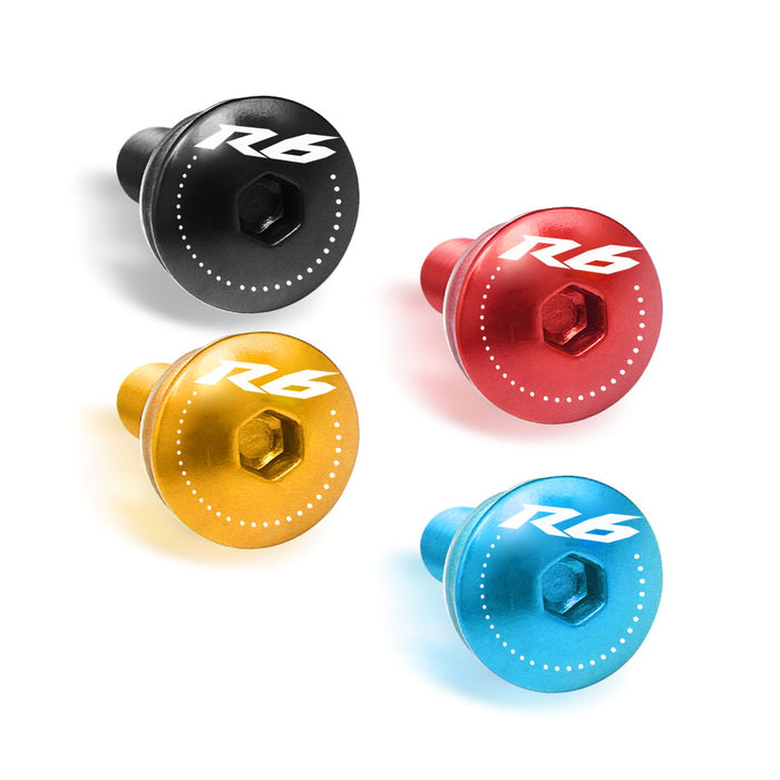 Set of engraved Yamaha YZF R6 windscreen bolts by MC Motoparts, featuring CNC-machined logo design for R6 and R6S models.