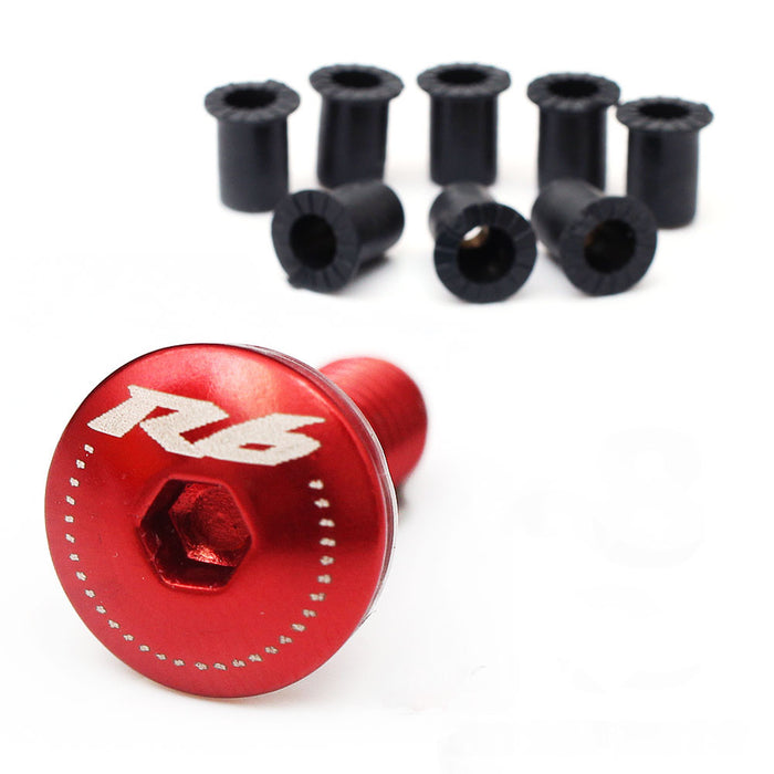 Set of CNC Yamaha YZF R6 windscreen bolts with engraved R6 logo, designed for R6 and R6S motorcycle windscreen installation.