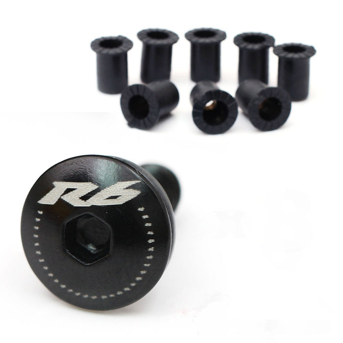 Black CNC Yamaha YZF R6 windscreen bolts with engraved logo by MC Motoparts, designed for R6 and R6S motorcycle windshields.